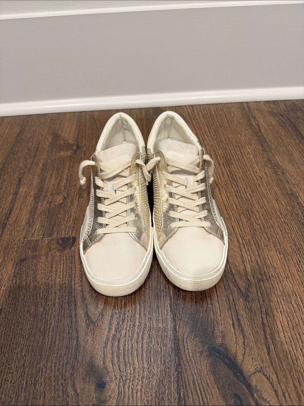 Dolce Vita Cream Sneakers with Metallic Gold Panels